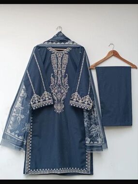 Navy Embroidered Tunic Panel with Ivory Threadwork